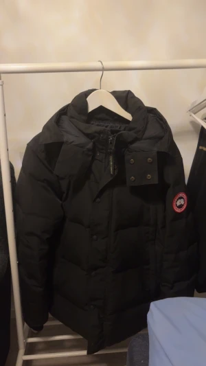 Svart dunjacka från Canada Goose - Säljer en svart dunjacka från Canada Goose i storlek L. Jackan har huva, dragkedja och tryckknappar framtill samt den klassiska loggan på ärmen. Perfekt för kalla vinterdagar och riktigt varm med sin vaddering. Fattas en knapp längst ner men knappt synlig. Passar M-L