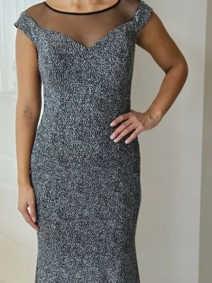 Svart långklänning med meshdetalj - Snygg svart långklänning med glitter och transparent mesh upptill. Klänningen har figurnära passform, korta ärmar och en djup rygg. Perfekt för dig som vill sticka ut med en elegant och modern look.