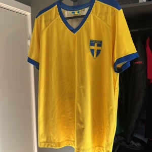 Svensk landslagströja gul/blå - Gul fotbollströja med blå detaljer och V-ringad krage, prydd med Sveriges landslagsemblem på bröstet. Tillverkad i lätt och ventilerande polyester, perfekt för match eller träning. Klassisk kortärmad modell med blå kant vid ärmar och hals.