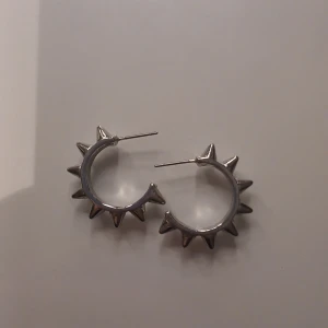 Silvriga örhängen med nitar - Coola silvriga örhängen i creolmodell med spetsiga nitar runt hela ringen. Ger en edgy vibe och passar perfekt för dig som gillar att sticka ut. Metallisk finish och chunky design gör dem till ett statement-smycke. Kommer med två olika pluppar.😅