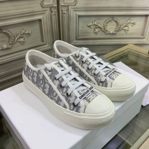 Gråvita Dior sneakers med logomönster - Snygga sneakers från Christian Dior med grått och vitt logomönster över hela skon. De har vit snörning, rund tå och platt sula. Märket syns tydligt på tungan och sidan. Materialet är textil med detaljer i syntet och gummi. Perfekt för dig som gillar exklusiv streetstyle.