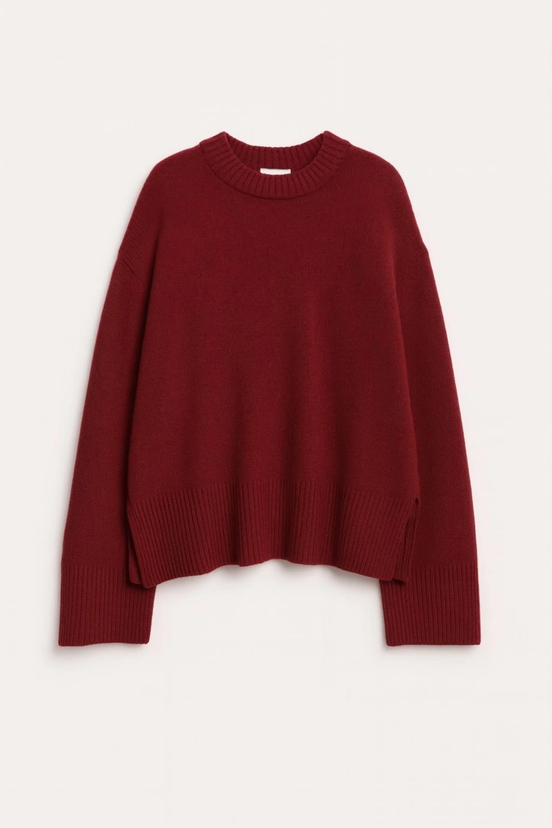 Vinröd stickad tröja med ribbad kant