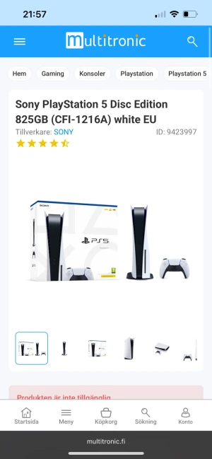 Sony PlayStation 5 Disc Edition 825GB (CFI-1216A) - Sony PlayStation 5 Disc Edition med 825GB lagring. Konsolen är i mycket gott skick utan synligt slitage. Levereras med strömkabel. Perfekt för gaming i toppklass med stöd för 4K och snabba laddningstider. Ingen kontroll medföljer. Och ingen original box.