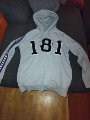 Replay hoodie - Snygg grå hoodie från Replay med stort svart 181-tryck på bröstet och blå-vita ränder längs ena ärmen. Tröjan har huva med snörning och är tillverkad i mjuk bomullsmix. Perfekt för dig som gillar sportig och avslappnad stil.