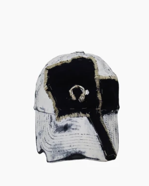 Sterling silver amulet cap - Hand sewn headwear featuring sterling silver ring amulet to protect the wearer. Can be taken off and used as a ring.  White brush painted surface  Hand sewn patches with linen threads  Silver ring was molded from a small branch. 