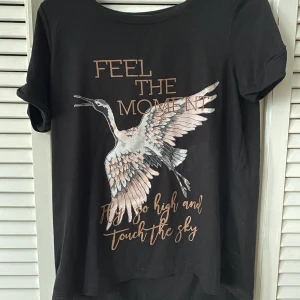 Svart Fågel T-shirt - En svart t-shirt med texten ”feel the moment”&”fly so high and touch the sky” på. Det är lite glitter på texten en blandning med vitt, rosa och grått.