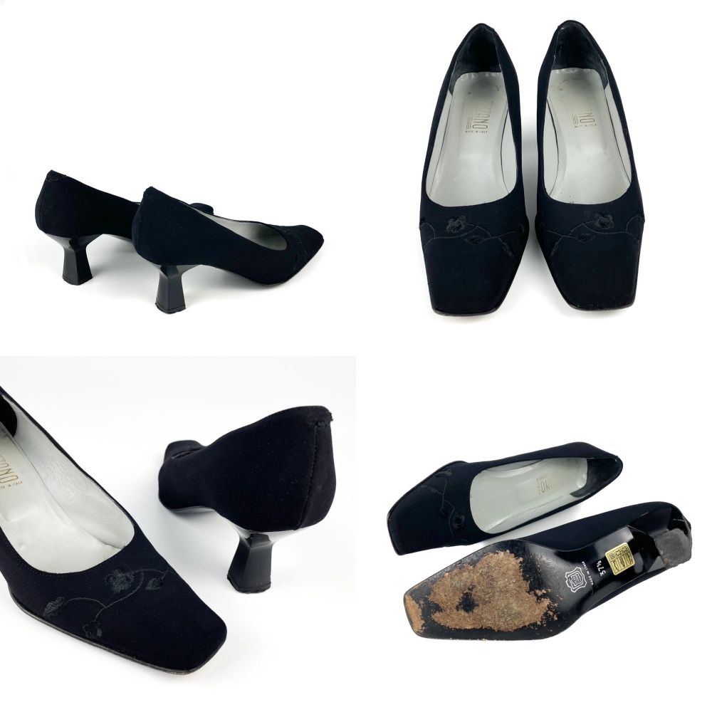 Vintage 90s 00s Y2K real leather block heel square toe pumps shoes in black size 37,5 - 38.Very light signs of wear. Ask for full description before buying. No returns.. Skor.