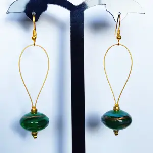 Handmade earrings with green glass bead, new