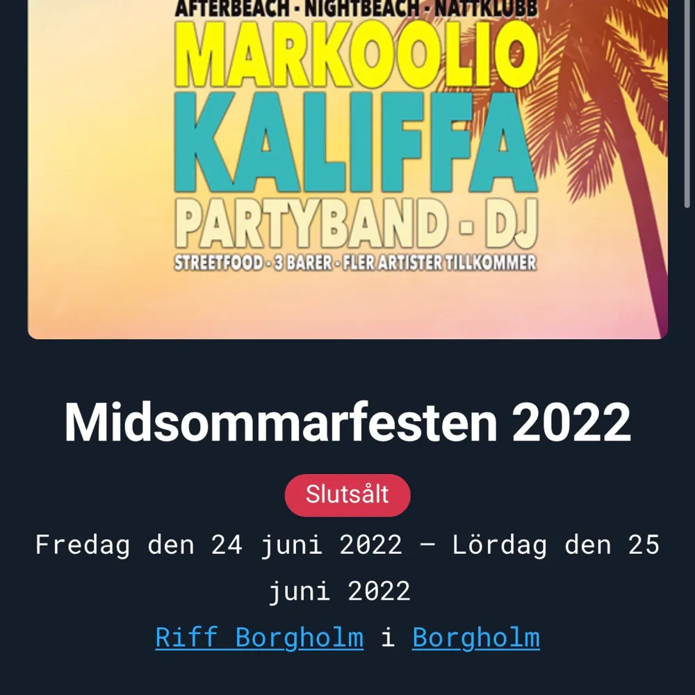 Säljer min biljett till Riff midsommarfest på Lördag, den 25e juni. Jag säljer den för 350kr!!! Pris kan diskuteras! 🎟, hör gärna av er så fort som möjligt. ☺️. Övrigt.