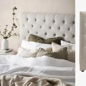 En fin sänggavel för 180 säng som är ljusgrå 