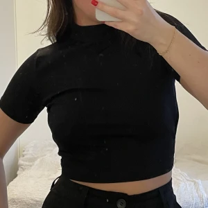 Svart festtopp - Kortärmad och ribbad. Från Gina Tricot. Öppen i ryggen med långa snören som antingen kan knytas fram eller bak. Liten turtleneck. Storlek M men är mer som en S, mycket stretch.