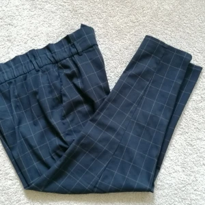Office checkered pants - Dark blue elastic office trousers. High waisted. 