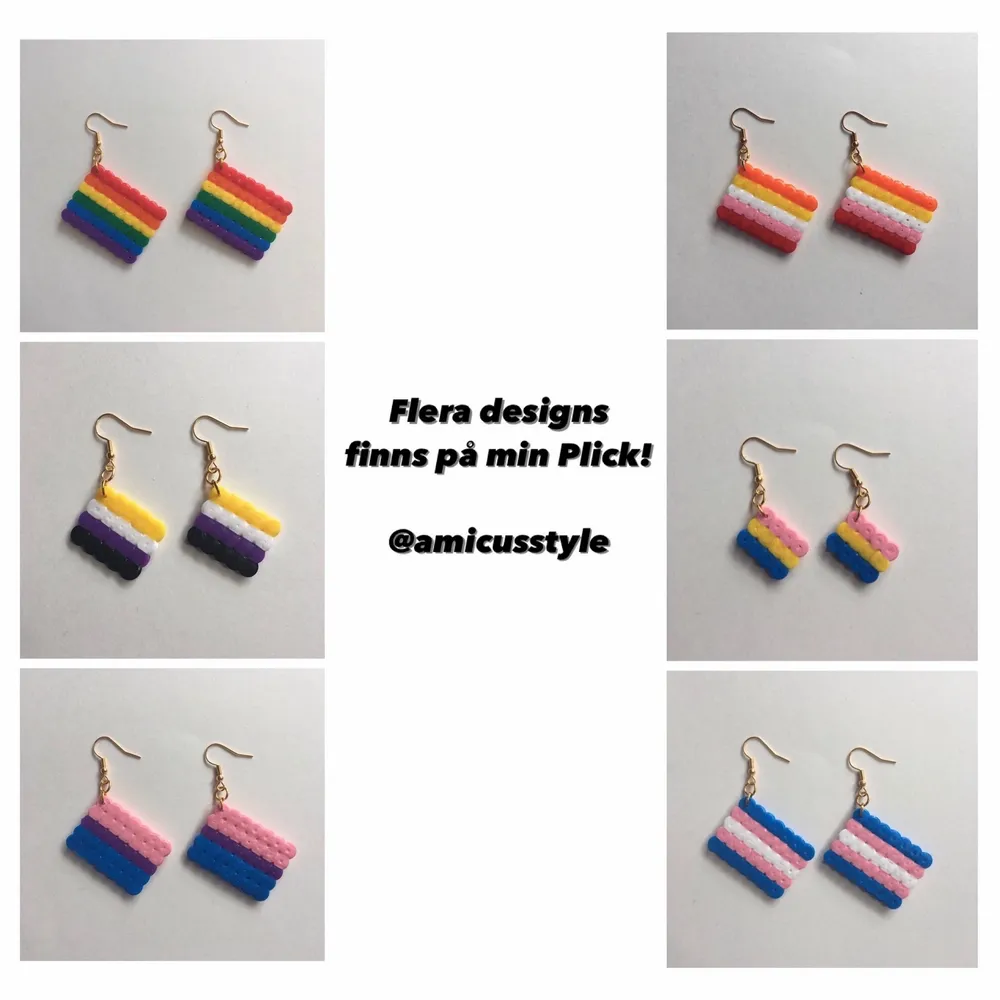 Egengjorda nickelfria örhängen av den ickebinära flaggan 💛🤍💜🖤 Andra prideflaggor finns på min sida!. Accessoarer.