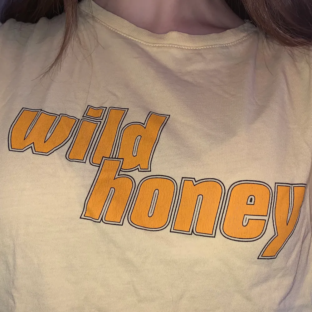 Gul T-shirt ifrån ginatrico i storlek S. Med texten ”Wild honey”. Använd fåtal gånger då jag inte gillar att ha T-shirt annars super fin!     Köparen står för frakten på 59 kr Betalning sker via swish . T-shirts.
