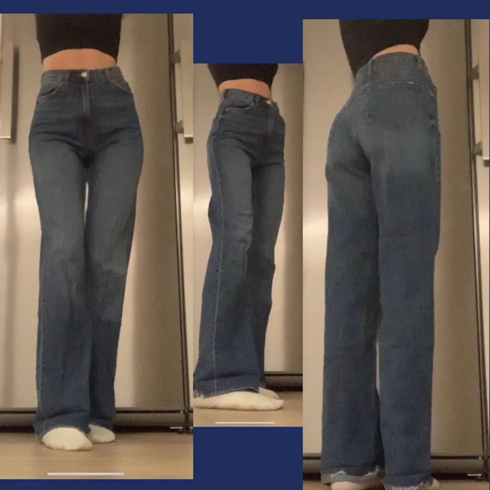 💗💗rensar garderoben💗💗 säljer dessa slutsålda supersnygga jeans från zara!! Jag är 170cm men de går också att klipp då de är raw cut! Storlek 34🥰 typ aldrig andvända! Frakt 66. Jeans & Byxor.