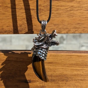 Tigeröga kristall halsband - Använd ej köp nu funktionen, skriv privat om du vill köpa. Frakt: 15kr 💛Tigeröga halsband med draksymbol Kedja ingår