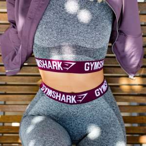 Byxa och tröja från gym shark, grå med lila rand. 50kr delen 100kr för båda 