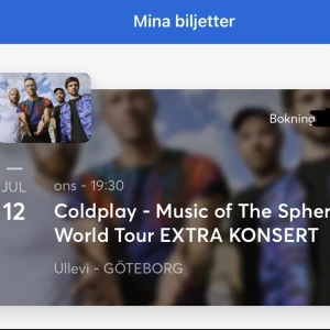 Coldplay biljett 12/7 - Säljer en ståplats till Coldplay i Ullevi den 12 juli! Biljetten skickas till dig på Ticketmaster. 