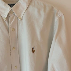 Skjorta Polo by Ralph Lauren   - Custom fit herrskjorta som jag använt mycket. Bra kvalitet så i bra skick ändå men saknar knapp längst ner (inte ett problem) och har några mindre fläckar (prickar, se bild), därav det billiga priset  