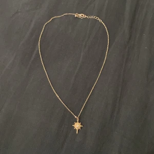 Guldhalsband med stjärnhänge - Säljer ett guldhalsband med ett vackert stjärnhänge. Hänget har en gnistrande sten i mitten som gör den extra fin. Perfekt för både vardag och fest! Den har lite missfärgning ( kolla bild 2)men syns knappt och syns inte alls på långt håll. Säljer för att jag inte andvändee guld smycken längre utan har bytt till silver