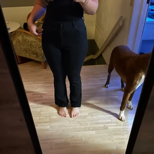 Svarta, hög-midjade jeans - Världens skönaste jeans. Använder ej högmidjat längre, vilket nästan gör ont i själen mtp hur sköna detta är! De är korta i benen på mig (är 171)