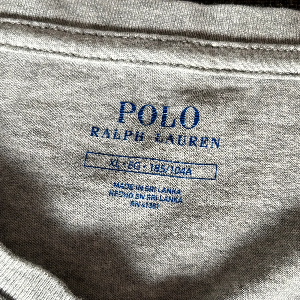 Grå Ralph Lauren T-shirt i storlek XL men passar också L den är i helt okej skick . T-shirts.