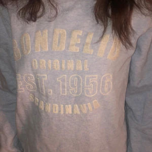 Blå hoodie - En blå hoodie med vit text utan luva och utan ficka 