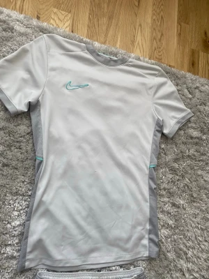 Ljusgrå Nike Dri-Fit träningströja - Snygg ljusgrå träningströja från Nike med turkos logga och detaljer. Tillverkad i Dri-Fit material som andas och håller dig torr under träningen. Slim fit-modell med korta ärmar och meshpaneler på sidorna för extra ventilation. Använd 2-4 gånger 