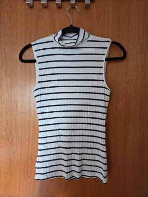 Vit ribbad polotopp med svarta ränder - Säljer en vit ribbad polotopp med svarta horisontella ränder. Toppen är ärmlös och har en hög krage som ger en trendig look. Perfekt att styla med jeans eller kjol för en clean och modern outfit. Har en blå målarfärgs fläck mitt på (se bild 3) 