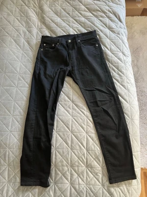 Svarta slim fit jeans - Säljer ett par svarta slim fit jeans med klassisk femficksdesign och silverfärgade nitar. Jeansen har normal midja och raka ben. Jeansen har lite stretch för extra komfort. Perfekta till en avslappnad look. W29/L32