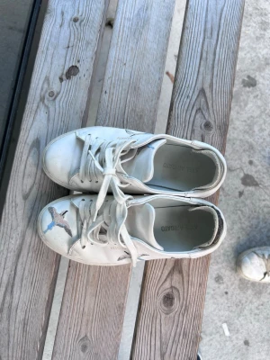 Vita sneakers med fågelmotiv Arigato - Snygga vita sneakers från Axel Arigato med broderade fåglar i blått och brunt på sidan och framtill. Skorna har klassisk låg profil, vita skosnören och är tillverkade i slätt läder. Perfekta för dig som gillar stilrena detaljer och streetwear-vibe. Med liten slitning där bak men den är lagad 