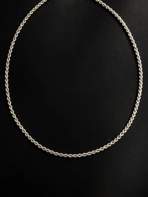 Tunt silverfärgat kedjehalsband - Säljer ett stilrent halsband i silverfärg med tunn, tvinnad kedja. Halsbandet har en enkel och klassisk design som passar till många olika stilar. Materialet ser ut att vara metall och länkarna är små och tätt sammanlänkade.