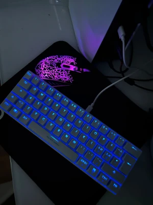 RGB-tangentbord och gamingmus - Säljer ett kompakt vitt mekaniskt tangentbord med blå bakgrundsbelysning och en gamingmus med RGB-belysning som skiftar mellan grönt och rosa. Tangentbordet har olika färger och ansluts med USB-kabel. Musen har ett coolt mönster och passar perfekt för gaming.  PRIS KAN DISKUTERAS 