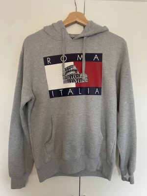 Grå hoodie med ROMA ITALIA tryck - Snygg grå hoodie med huva och känguruficka. På bröstet finns ett stort tryck med texten ROMA ITALIA och en illustration av Colosseum i svartvitt, samt färgblock i vitt, rött och blått. Mjuk och skön, perfekt för chill dagar.