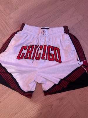 Chicago Bulls shorts från Just Don - Säljer ett par vita och svarta Chicago Bulls shorts från Just Don med röd text och snörning i midjan. Shortsen har coola detaljer med mönster och Bulls-logga på sidan. Perfekta för dig som gillar basketstil och streetwear.
