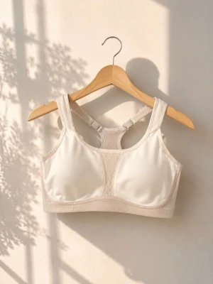 Beige sport-bh med meshdetaljer - Sport-bh i beige med breda axelband och meshdetaljer för extra ventilation. Bh:n har vadderade kupor, justerbara axelband och hakknäppning bak. Materialet är mjukt och stretchigt för bästa komfort.