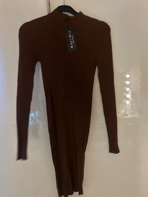 Brun ribbad klänning  - Säljer en brun ribbad långärmad klänning. Klänningen har en kroppsnära passform, hög hals och är tillverkad i ett stretchigt material som sitter snyggt på kroppen. Helt ny med prislapp kvar!