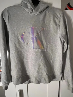 Grå hoodie från Calvin Klein  - Snygg grå hoodie från Calvin Klein  med stort holografiskt 'ck'-tryck på bröstet. Klassisk modell med huva och ribbade muddar vid ärmslut och nederkant. Väldigt fin färg på Ck trycket.