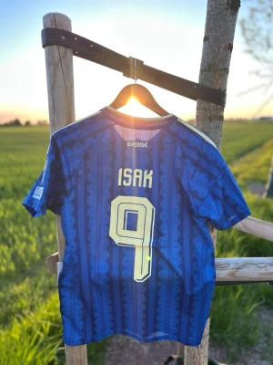 Blå Sverige fotbollströja Isak 9 - Säljer en blå Sverige fotbollströja från Adidas med Isak och nummer 9 på ryggen. Tröjan har gula detaljer, tre ränder på axlarna och landslagets emblem på bröstet. Riktigt bra kvalitet🔥