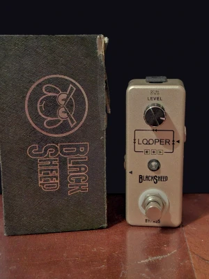 Looper mini pedal från BlackSheep - Säljer en kompakt looper mini pedal från BlackSheep i metall med beige färg. Pedalen har en nivåkontroll, bypass-knapp och tydliga markeringar för funktioner. Perfekt för att spela in och loopa gitarr eller andra instrument. Originalkartong medföljer. Mycket bra skick men kartong skadad.