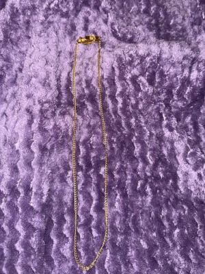 18k guldplateeat smycke - Säljer ett stilrent halsband med tunn guldfärgad kedja. Halsbandet har en klassisk karbinhake och enkel design som passar till många olika looks. Perfekt för dig som gillar minimalistiska smycken och vill ha något som funkar till allt.