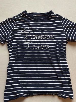 Randig marinblå t-shirt med brodyr - Snygg marinblå t-shirt med vita horisontella ränder och broderad text på bröstet. T-shirten har rund hals och korta ärmar. Supermysig och sval. Säljer eftersom att det inte är min stil🥰 Nästan aldrig använd, bra skick. Originalpris: 120 ish