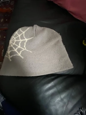 Grå mössa med spindelnät och text - Säljer en grå mössa med ett vitt spindelnätsmönster på sidan och stor vit text med gröna detaljer på andra sidan. Mössan är stickad och har en avslappnad passform. Perfekt för dig som vill sticka ut lite extra med din stil.