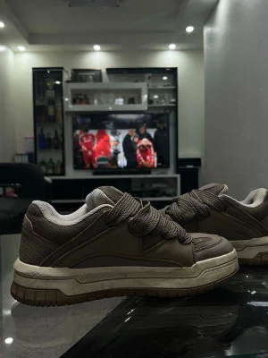 Bruna sneakers från Bershka - Säljer ett par bruna sneakers från Bershka med chunky sula och breda skosnören. Skorna har en låg profil och är tillverkade i syntetmaterial med meshdetaljer för extra komfort. Perfekta för dig som gillar streetwear och vill ha en stilren look.