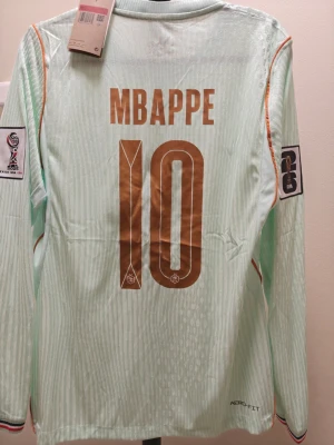 Frankrike spelar version Mbappé matchtröja långärmad - Ljusgrön spelar version  långärmad fotbollströja från Nike med Mbappé och nummer 10 i guld på ryggen. Tröjan har FIFA World Cup och FFF-emblem, samt röda och blå detaljer längs ärmarna. Tillverkad i lätt och ventilerande material med AeroSwift-teknologi.