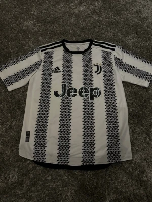 Juventus matchtröja Adidas vit/svart - Juventus officiella matchtröja från Adidas i vitt med svarta detaljer och mönstrade ränder. Tröjan har klubbmärke, Adidas-logga och Jeep som sponsortryck på bröstet. Korta ärmar och rund hals. Perfekt för fotbollsfans!