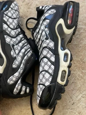 Nike Air Max Plus Tn svart/vit rutiga - Nike Air Max Plus Tn sneakers med svart och vit rutigt mönster på ovandelen, svarta detaljer och synliga Air Max-bubblor i sulan. Swoosh-logga på sidan och Tn-detalj under sulan. Ovandel i textil och syntet, robust svart yttersula.