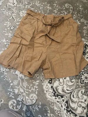 Beiga shorts med knytband i linne - Snygga beiga shorts i linne med hög midja och knytband i midjan. De har en avslappnad passform och är perfekta för varma dagar. Stilen är enkel men trendig, och materialet känns svalt och luftigt.