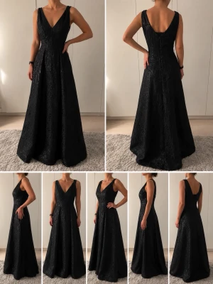 Vacker paljettklänning av designern Adrianna Papell - ✨ Elegant Adrianna Papell-klänning – svart jacquard med paljettdetaljer ✨  Säljer en exklusiv och otroligt vacker klänning från Adrianna Papell i storlek US 8 / EU 40. Perfekt till bröllop, fest, nyår, gala eller andra tillfällen där man vill känna sig riktigt elegant.  Klänningen är sydd i ett lyxigt svart jacquardtyg med vacker struktur och fall. Ovanpartiet har transparent mesh med fina broderier och svarta paljetter som ger ett väldigt exklusivt och sofistikerat intryck utan att bli för myck