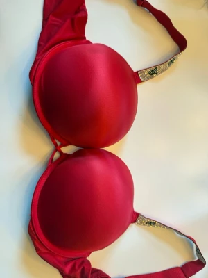Röd push-up bh med strassdetaljer - Snygg röd push-up bh med vadderade kupor och glittriga axelband dekorerade med strass och svarta symboler. Bh:n har slät yta. Inga märken på trasig och andvänd väldigt få gånger.